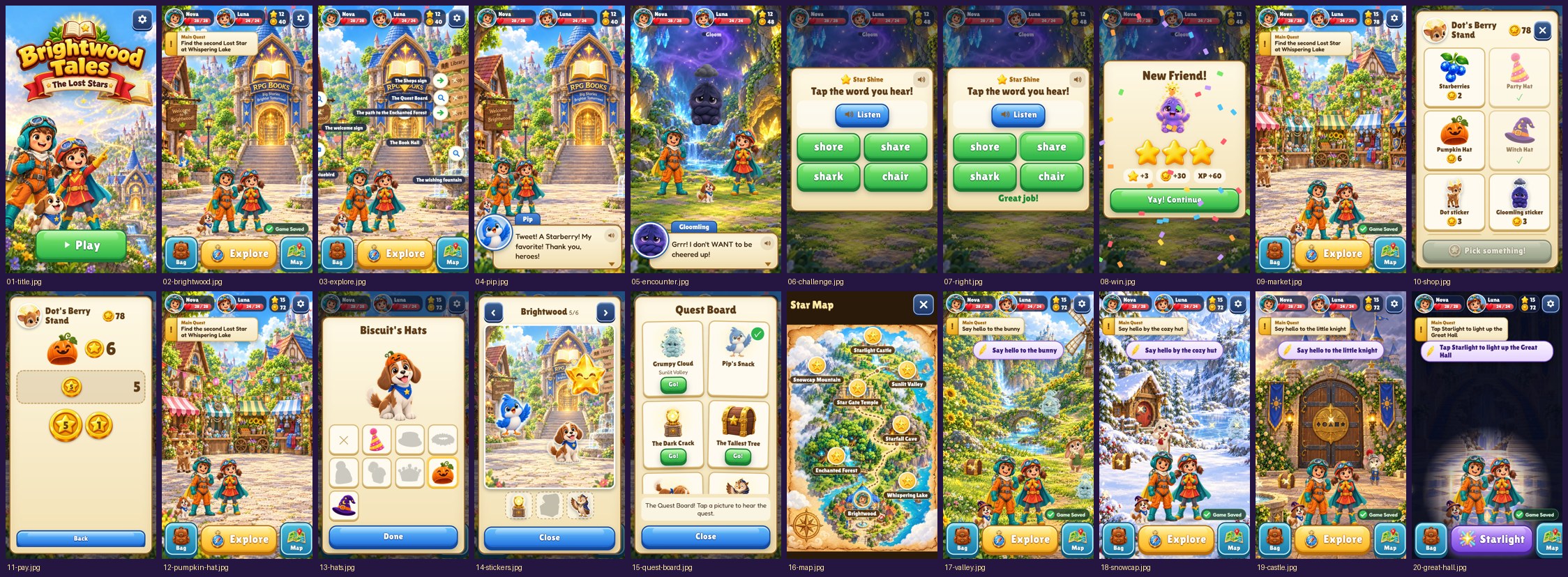 A supplied overview of Brightwood Tales screens, including exploration, word challenges, the market, stickers, and the world map